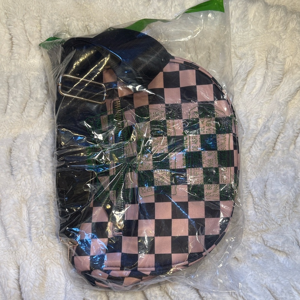 🖤🤎Black Tan Rose Gold Checkerboard Bum Bag Crossbody Sling Bag, Wide Strap, NWOT - Picture 8 of 10